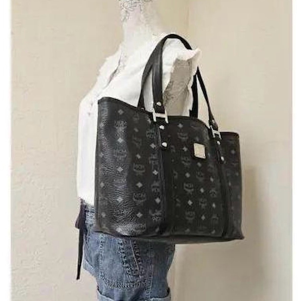 MCM Visetos Black Leather Logo Print Tote